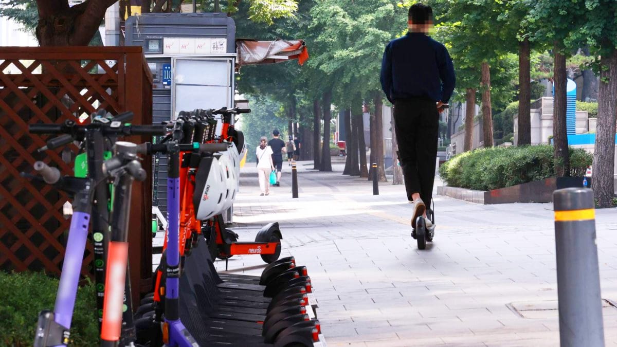 안전모 없이 전동킥보드를 타는 시민 안전모 없이 전동킥보드를 타는 시민