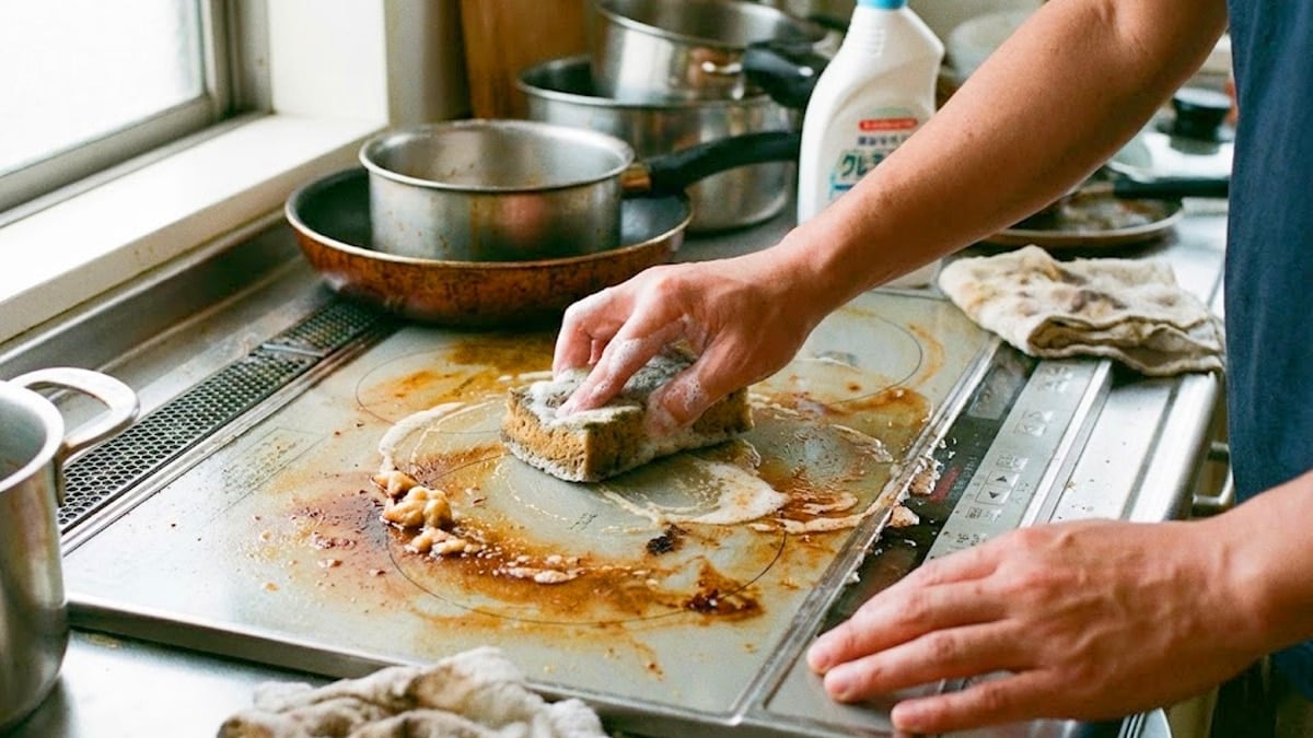 인덕션을 닦는 모습