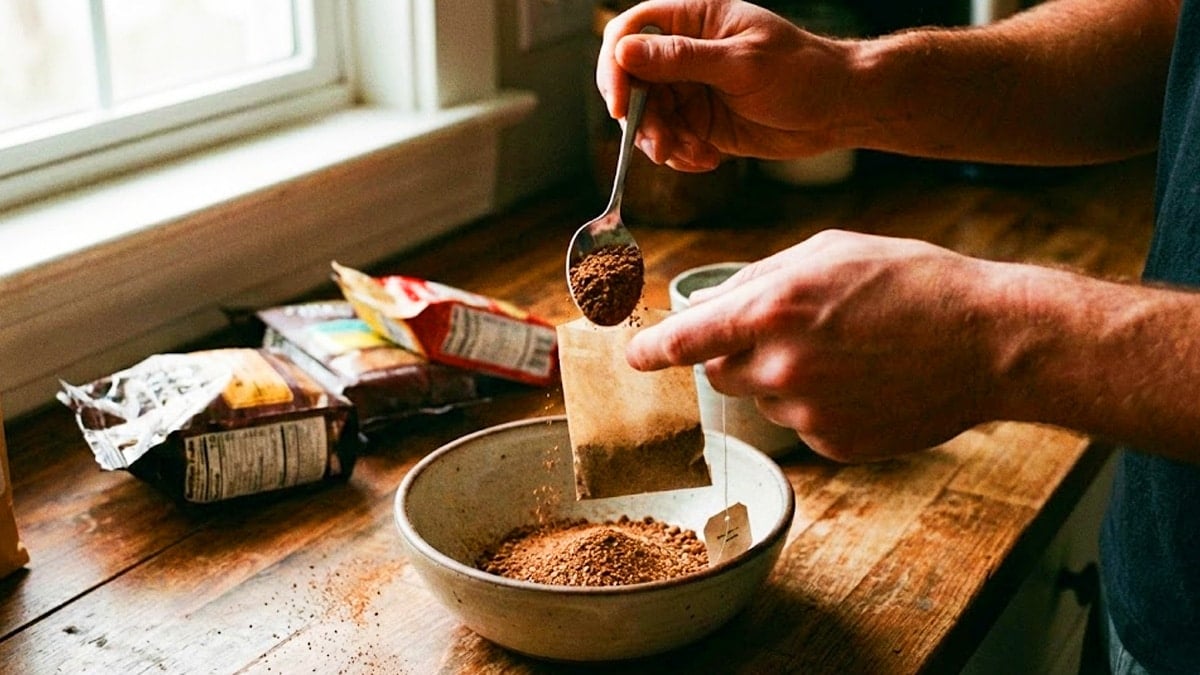 걸러진 커피믹스 가루를 티백에 넣는 모습