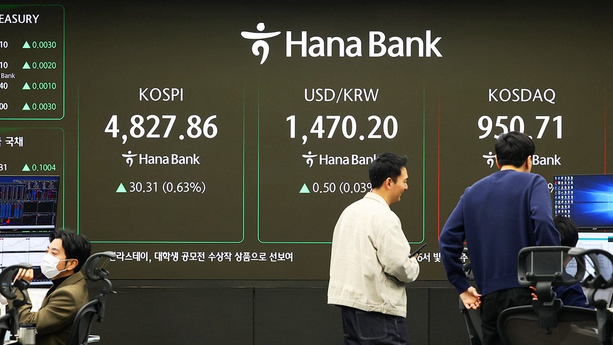 하나은행 딜링룸 현황판에 코스피 지수가 표시되어 있는 모습 하나은행 딜링룸 현황판에 코스피 지수가 표시되어 있는 모습