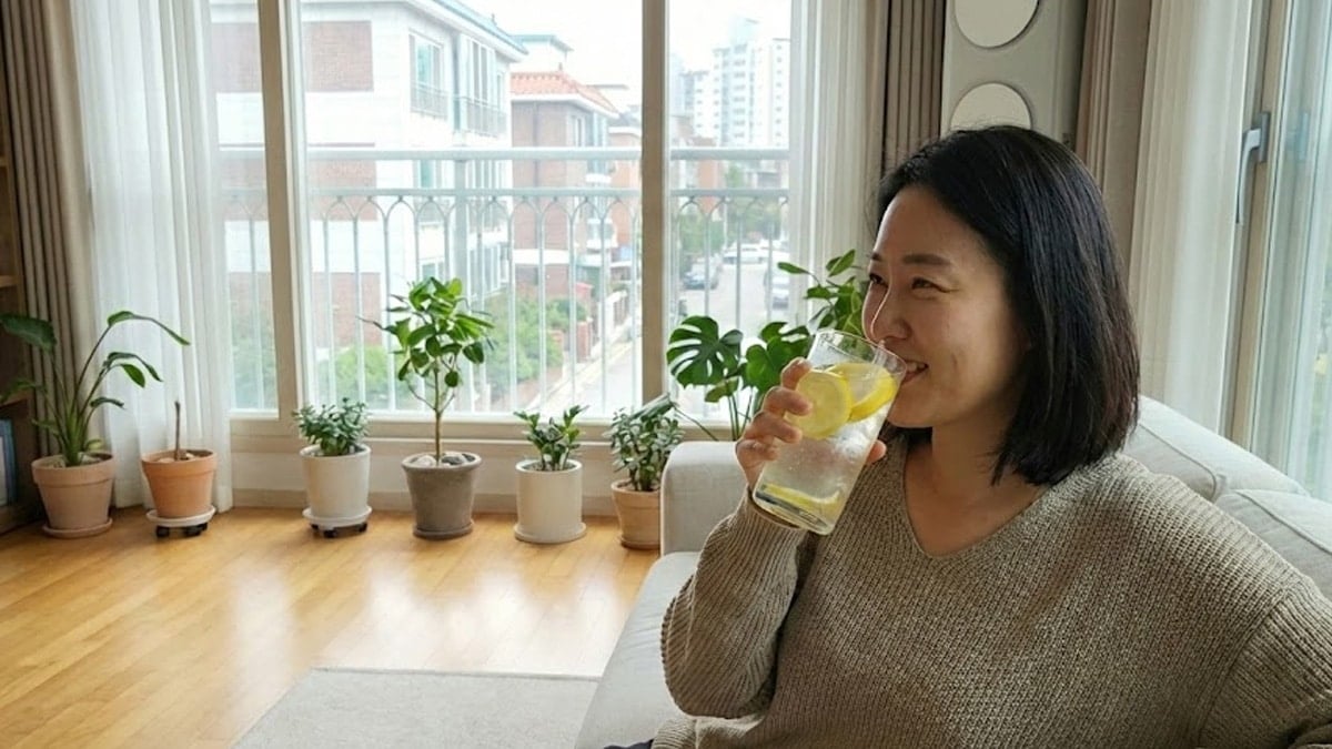 레몬물을 마시는 여성