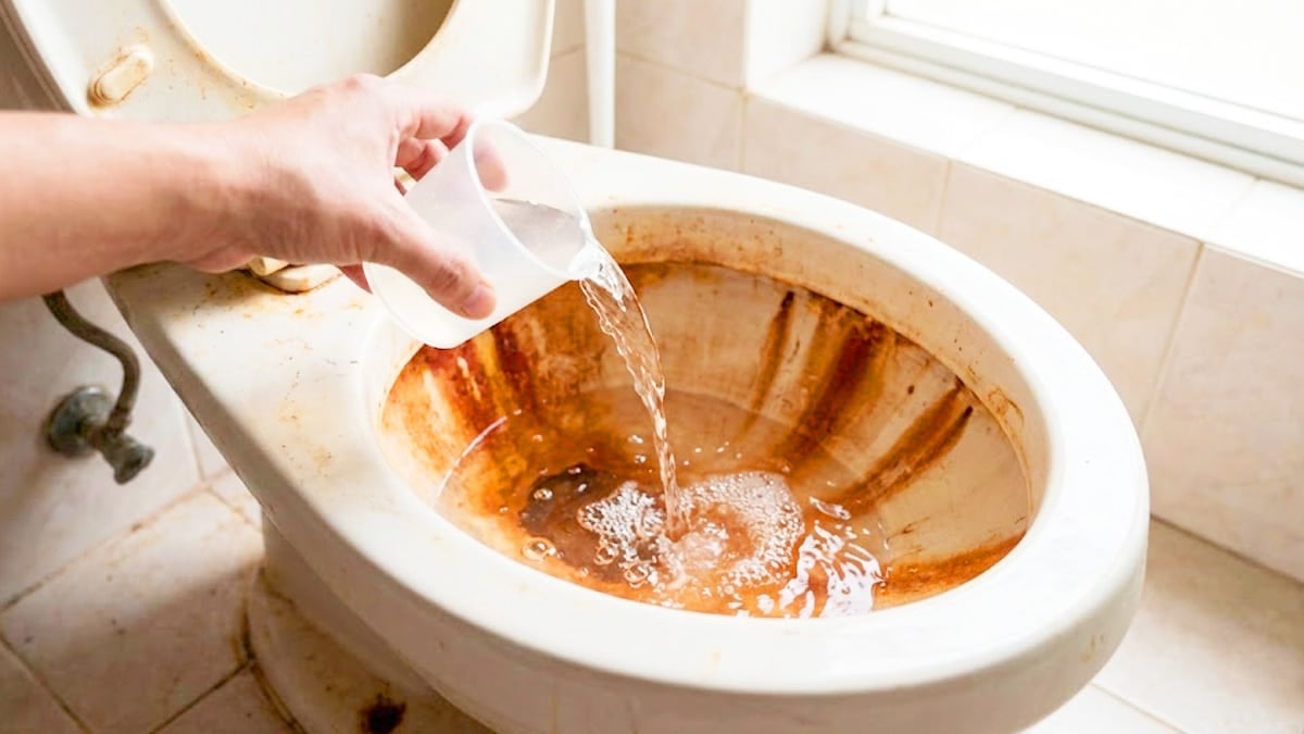 변기에 식초를 붓는 모습