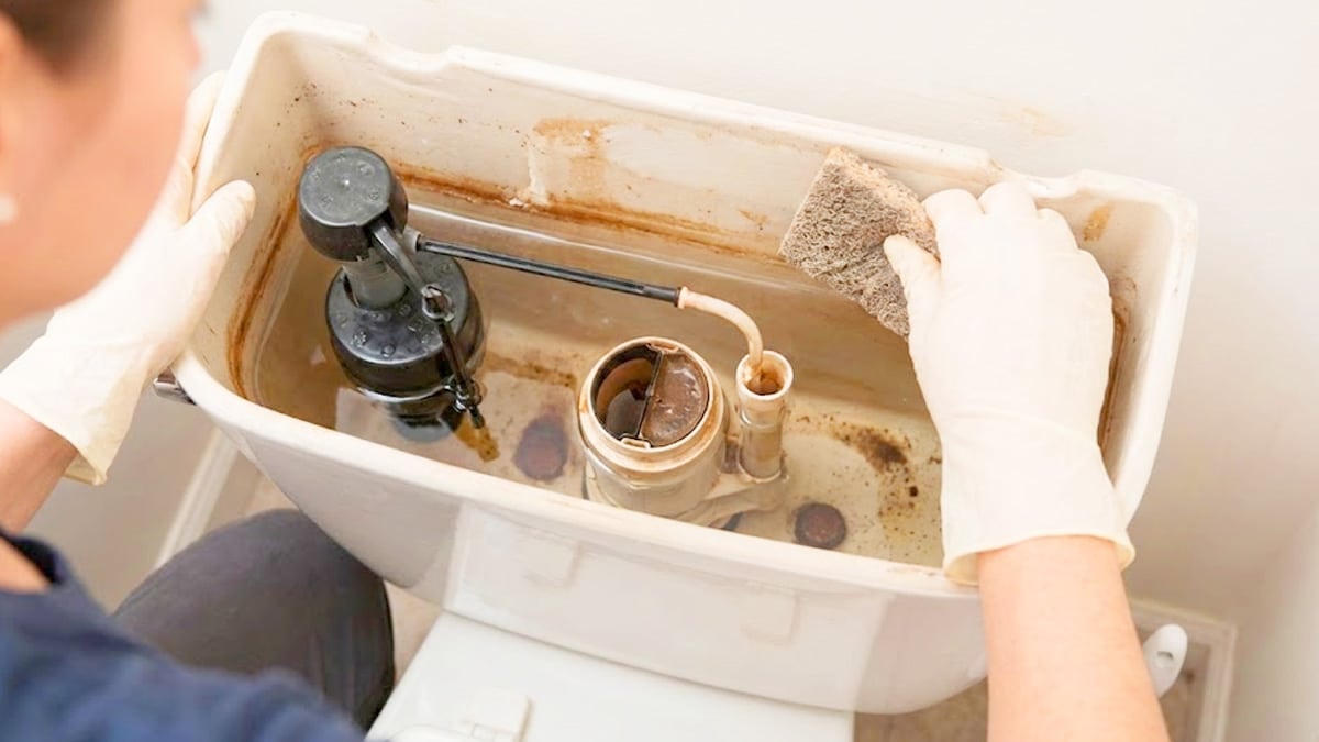 변기 물탱크에 식초를 붓고 청소하는 모습