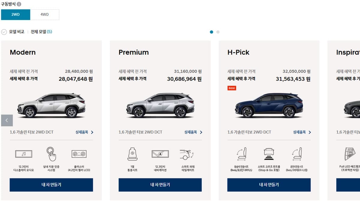 현대차 투싼 트림별 가격표