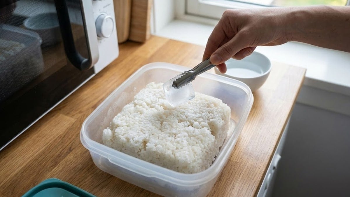 냉동밥 위에 얼음을 올리는 모습