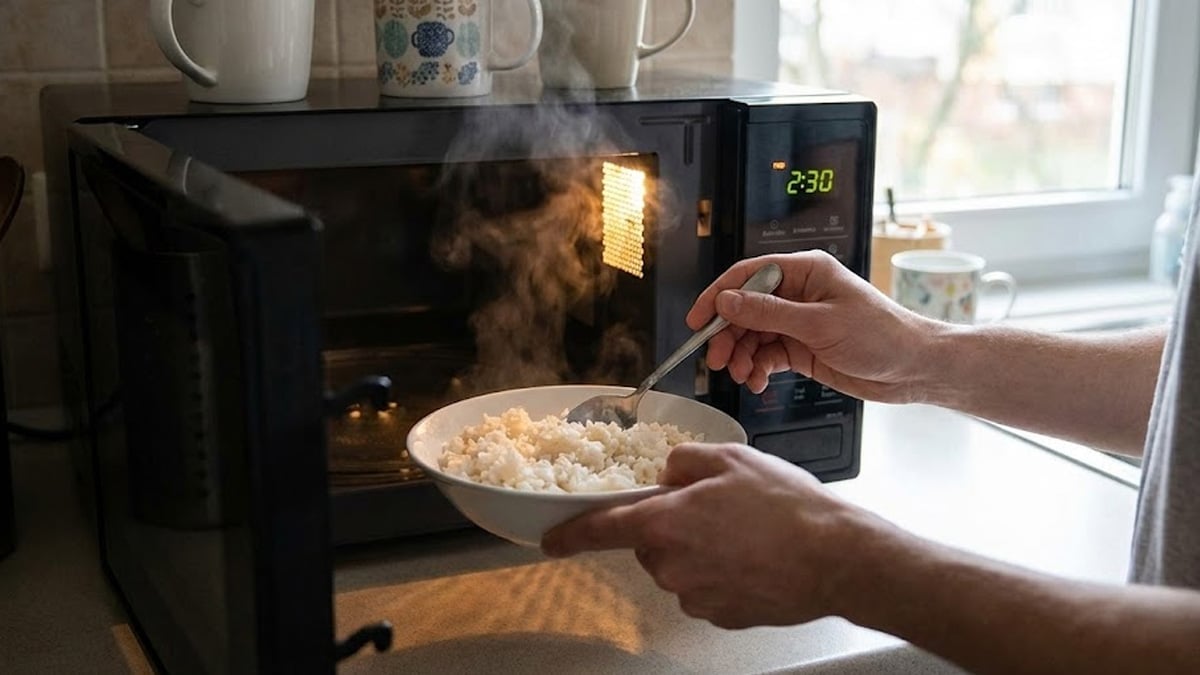 전자레인지 돌리던 냉동밥 뒤섞기